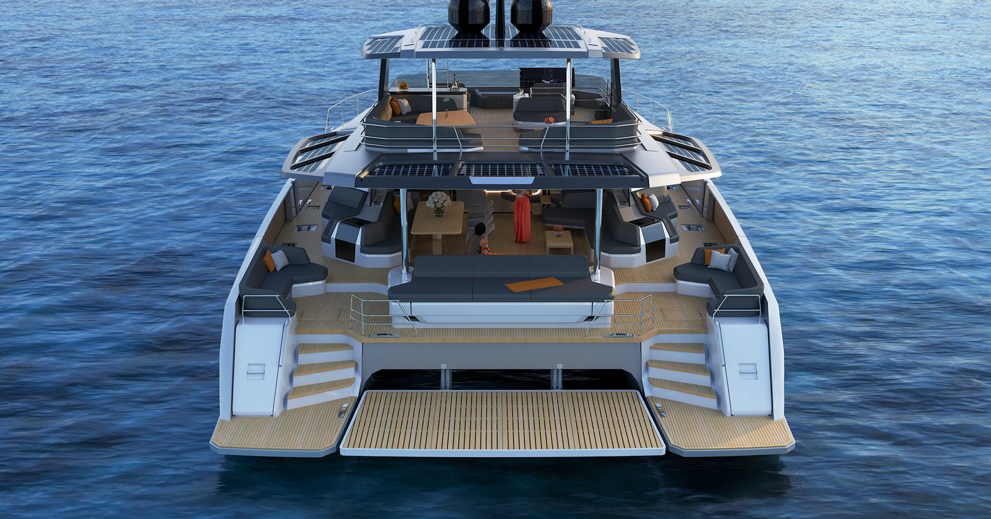 Fountaine Pajot Power 80 aerial view of aft deck