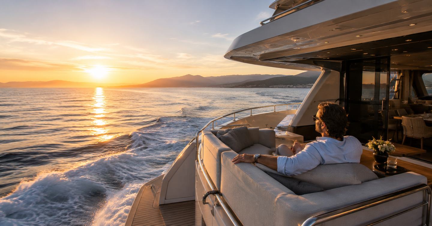 Owner relaxing on the aft deck of his yacht at sunset 