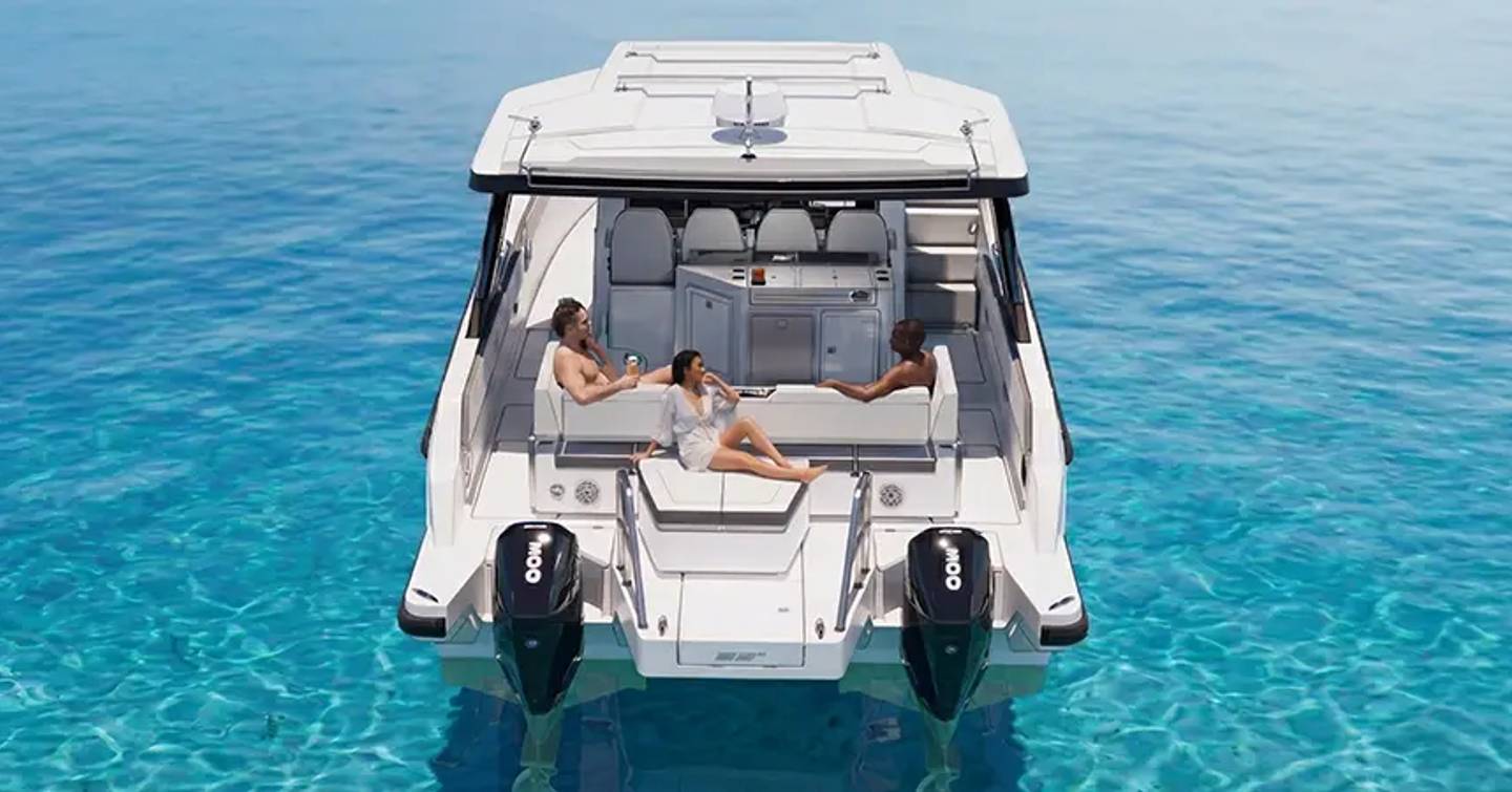 Rendering of family relaxing on Aquila 35 Sport Power Catamaran aft at anchor  