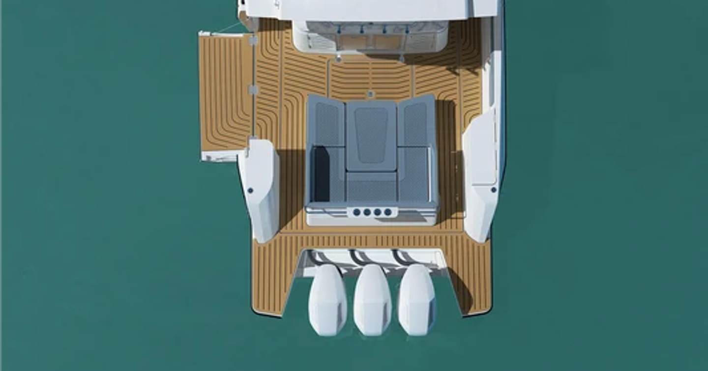 Aerial Rendering of Cruisers Yachts 45 VTR boat aft with outboard engines