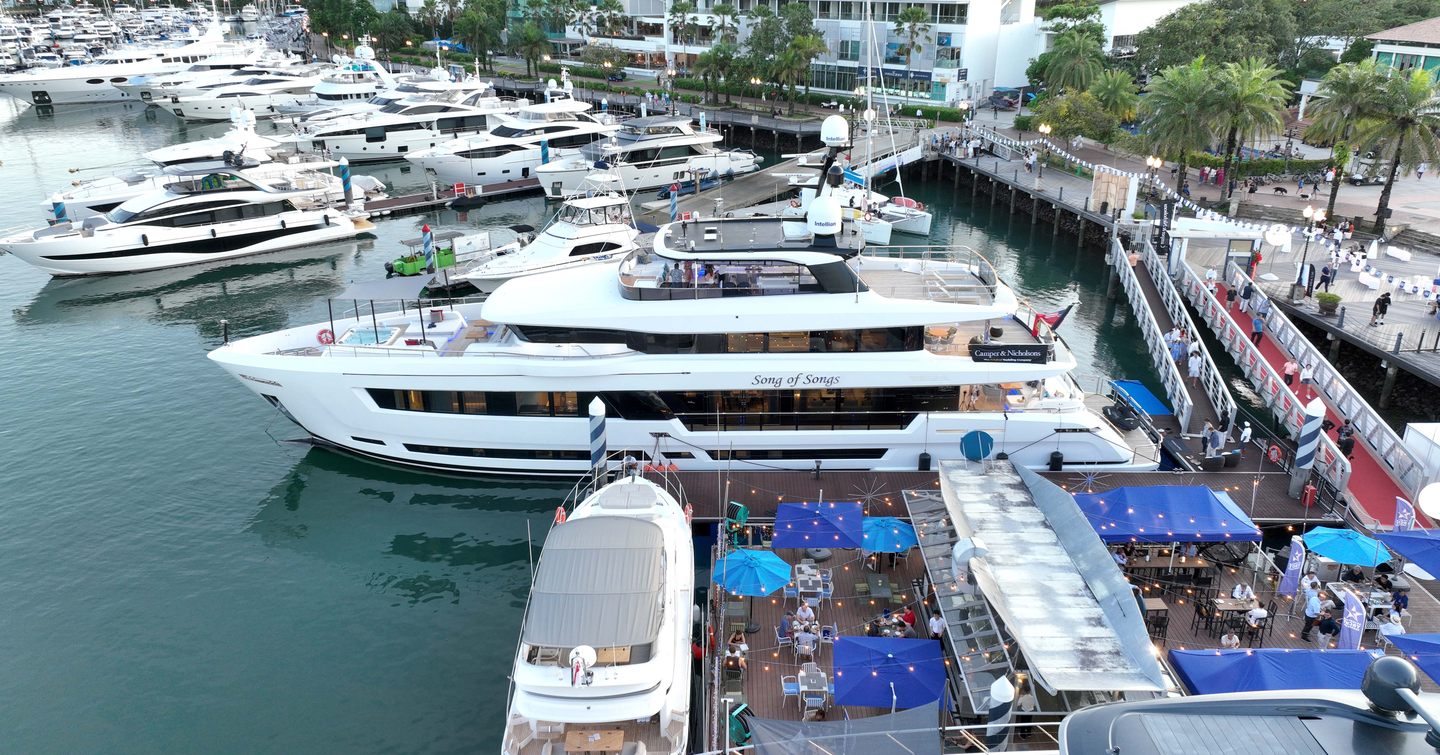 Aerial view of ONE°15 Marina Sentosa Cove with superyachts berthed