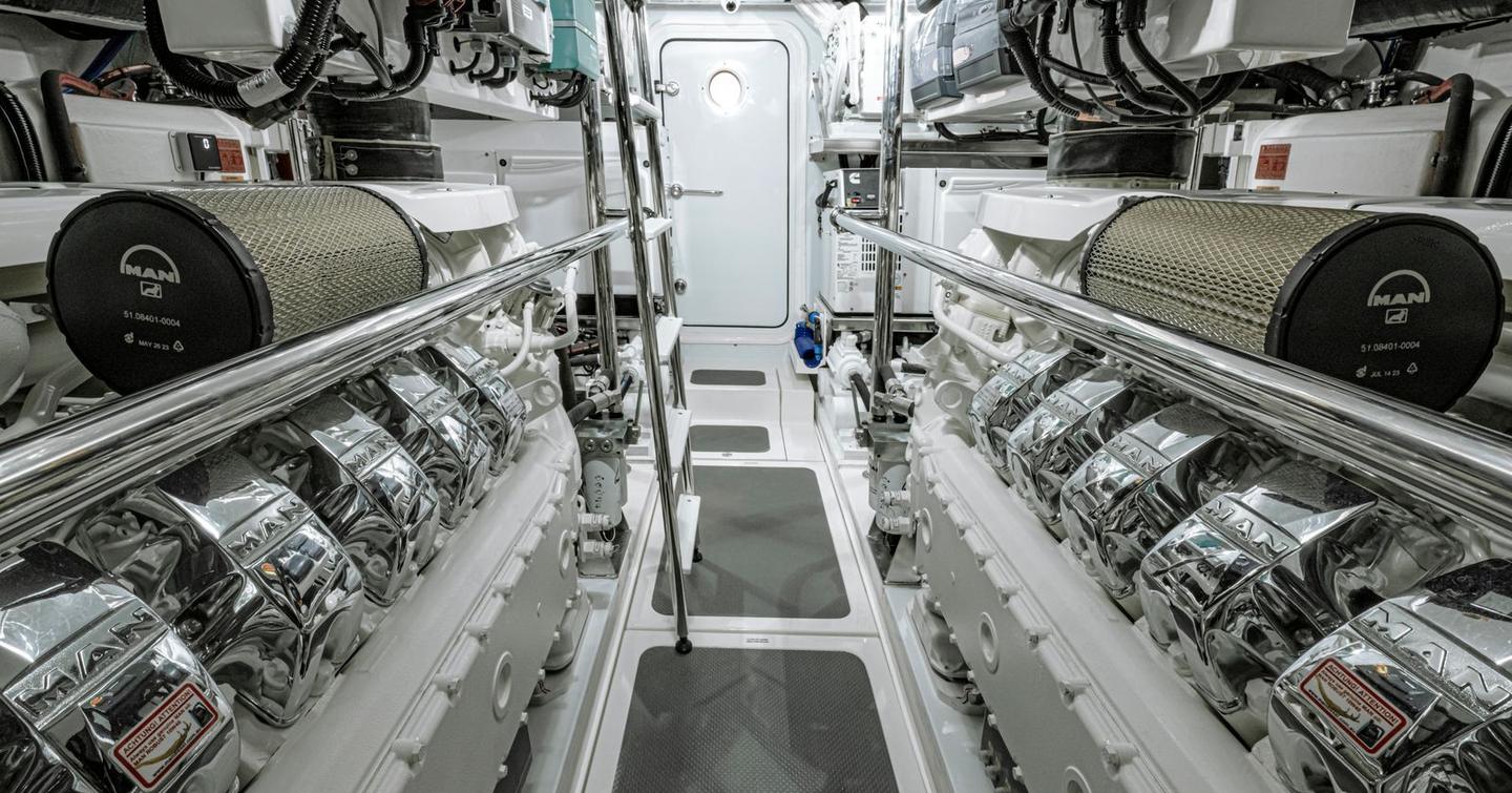 Riviera 645 SUV Series II motor yacht engine room with MAN engines 