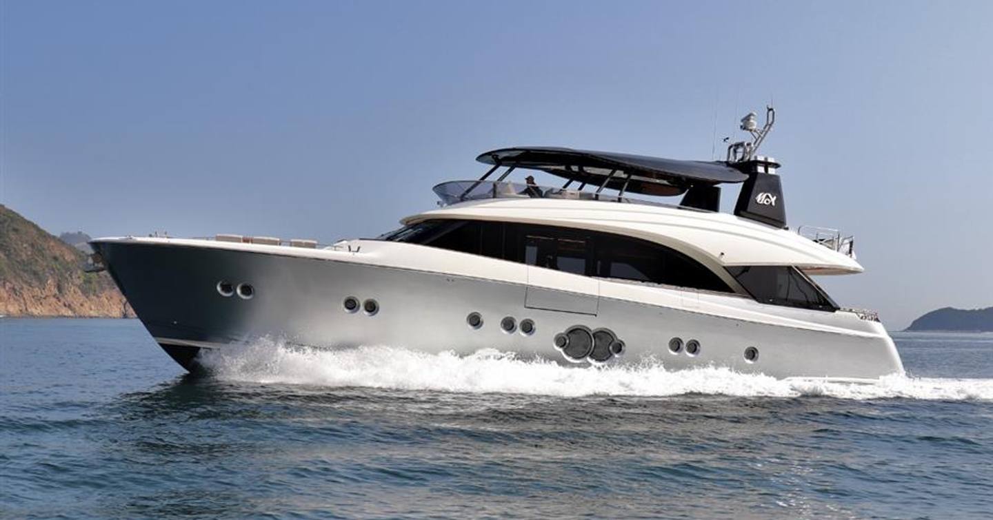 mcy 86 flybridge yacht underway,