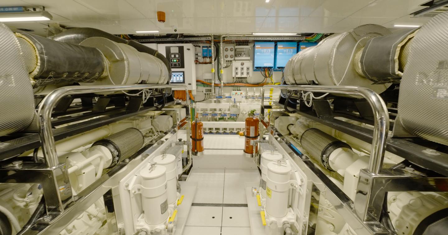 Numarine 40MXP engine room with twin MAN diesel engines and wide central access walkway