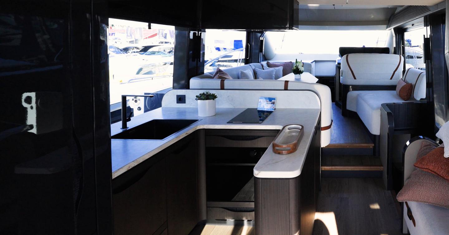 Galeon 520 Fly galley with aft layout and modern kitchen worktop design