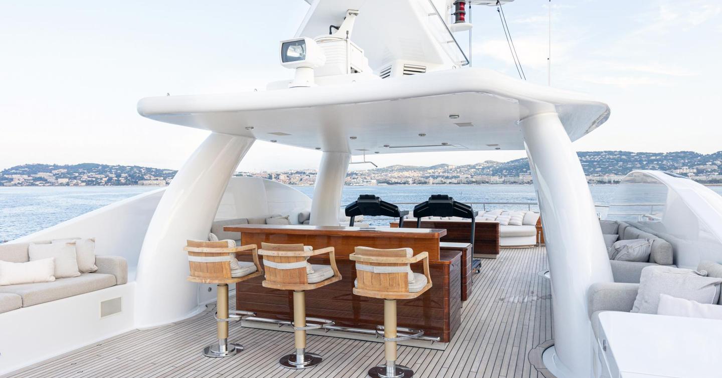 Superyacht Were Dreams sundeck with shaded bar area 