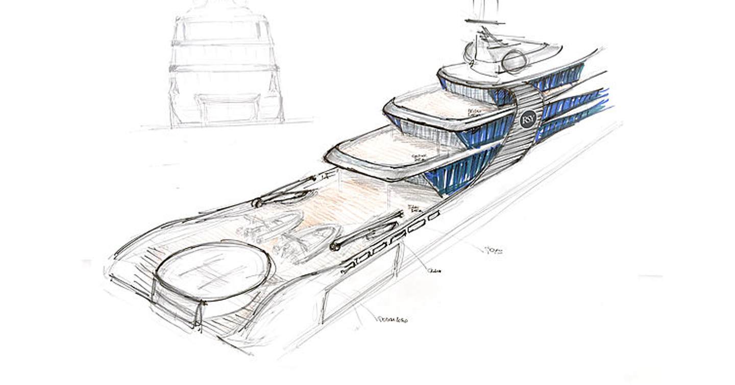 drawing of the exterior Project Orca with aft section with helipad and outdoor deck areas across four levels in shot