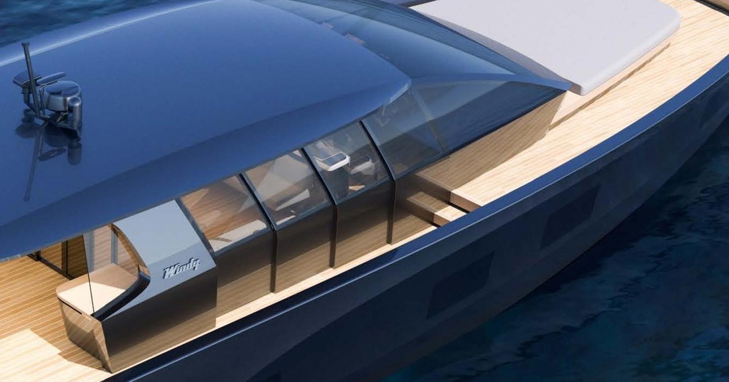 Close up rendering of Windy SR77 boat glass superstructure and foredeck sunpad 