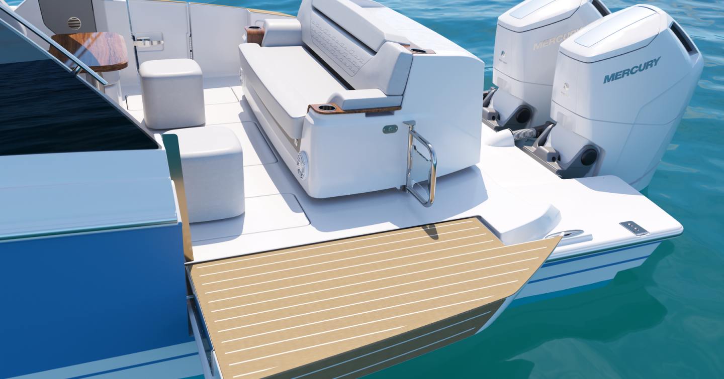 Close up Rendering of Tiara Yachts 39LS sports yacht fold down terrace