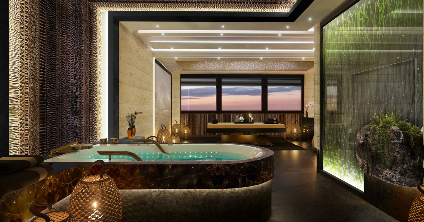 Rendering of Superyacht Kismet spa area with hot tub and massage table 