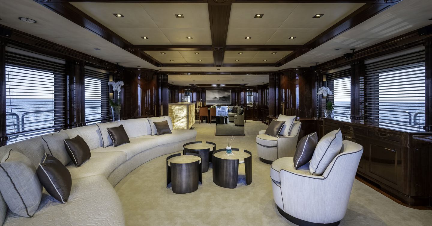 Benetti Classic 120 Superyacht Kos main saloon with curved white sofa 