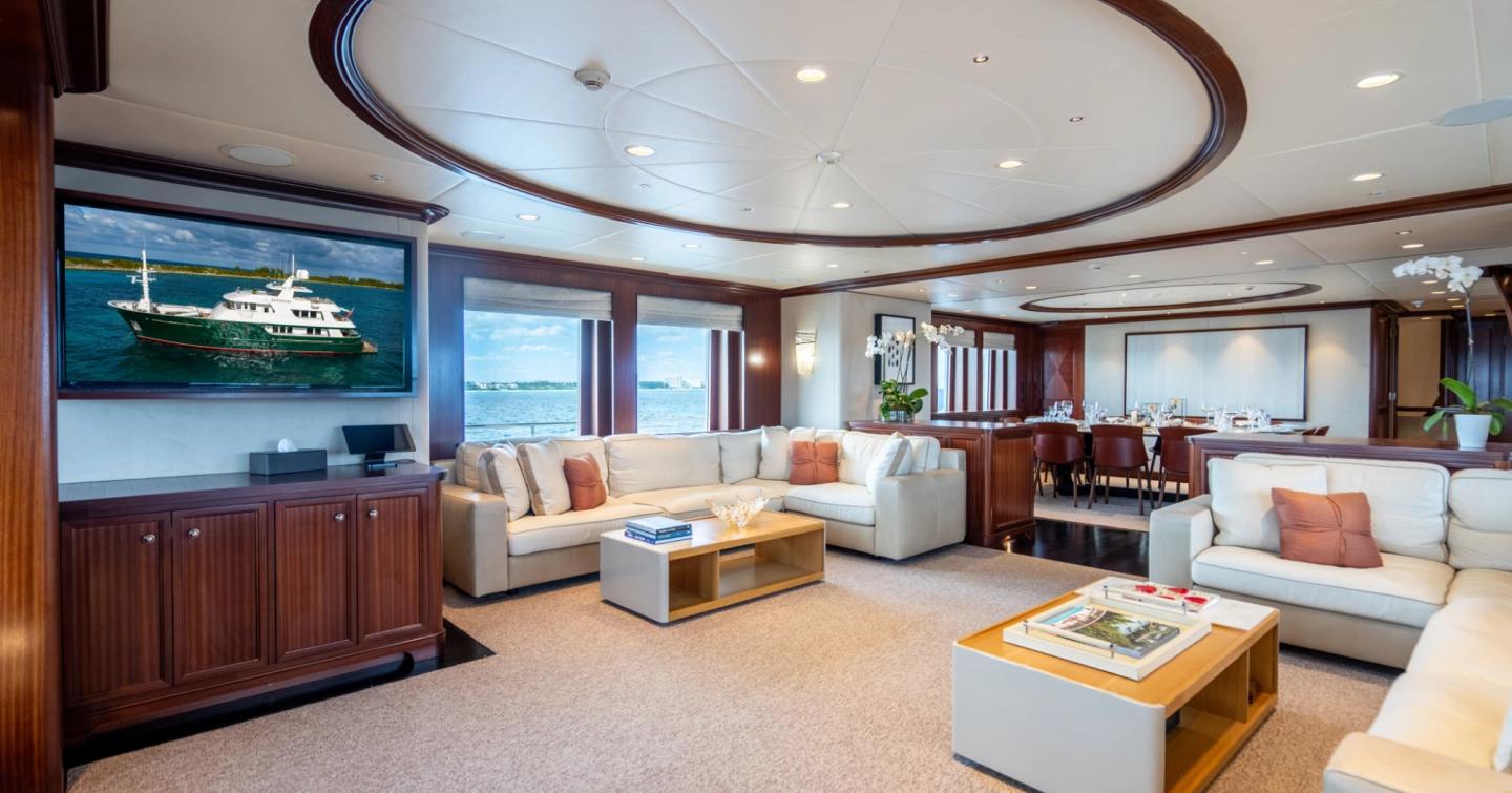 Explorer yacht Zexplorer main saloon with L-shaped sofas