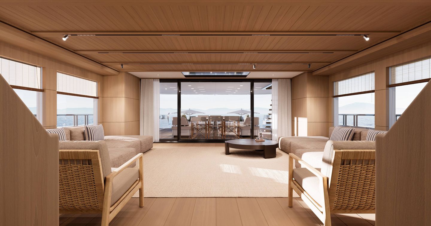 Rendering of Superyacht Sea Rover main saloon with neutral palette and white sofas 