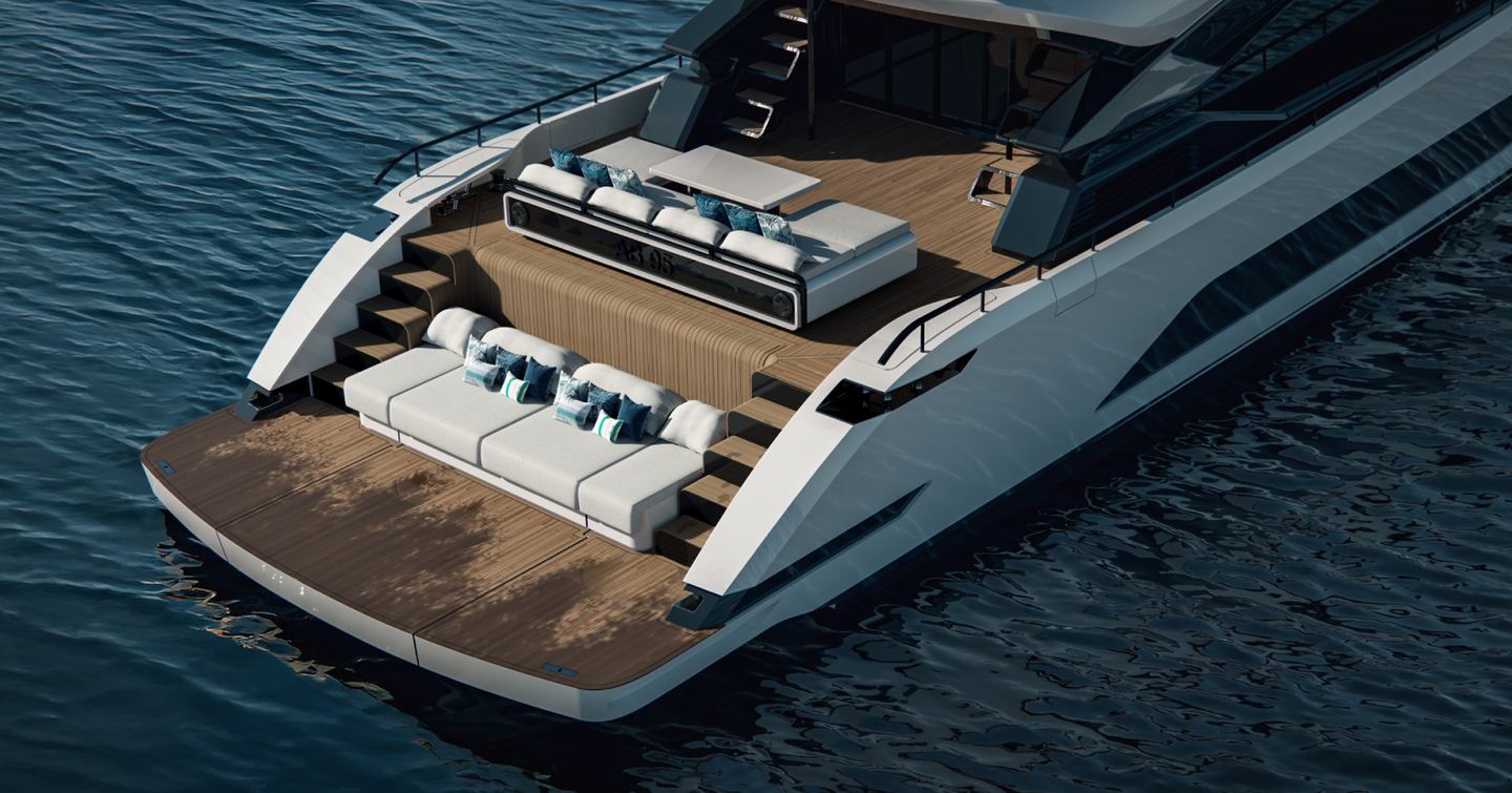 Rendering of AB Yachts AB 95 sports yacht aft deck 