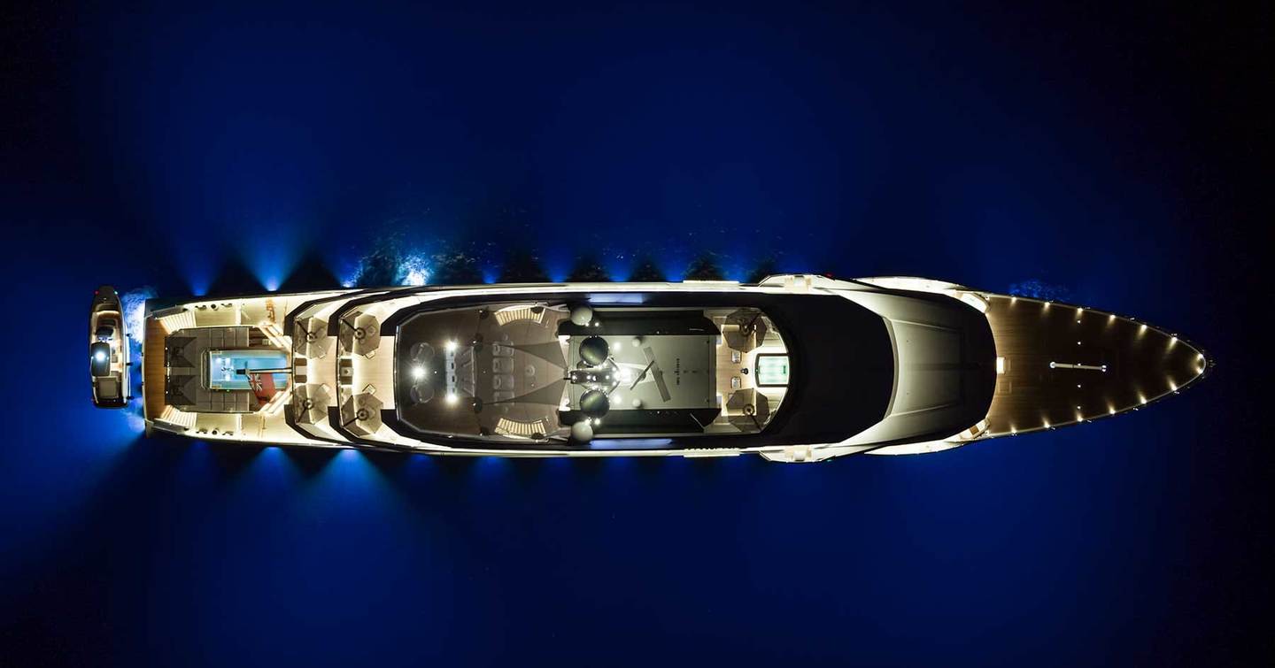 Hero shot of Superyacht DreAMBoat at night