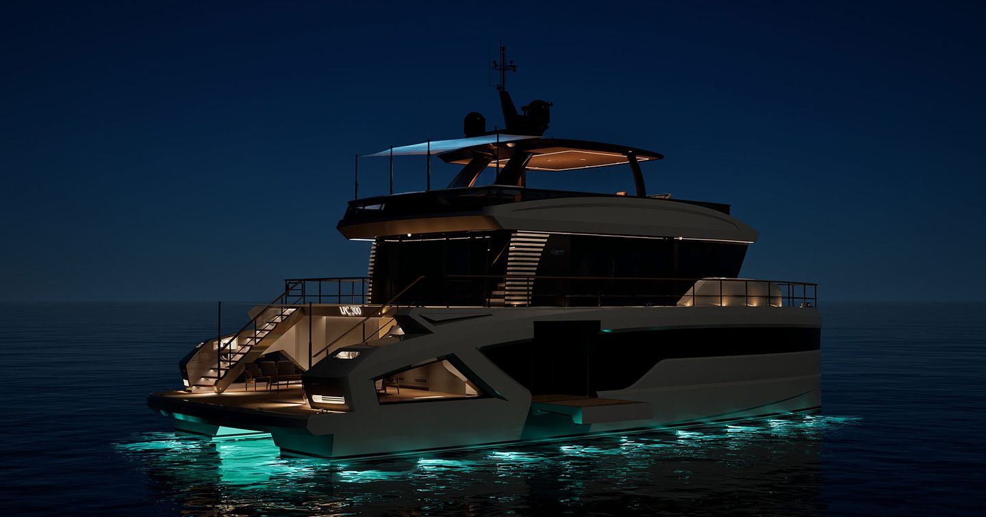 Rendering of Lazzara LPC 300 catamaran at night with underwater LED lights
