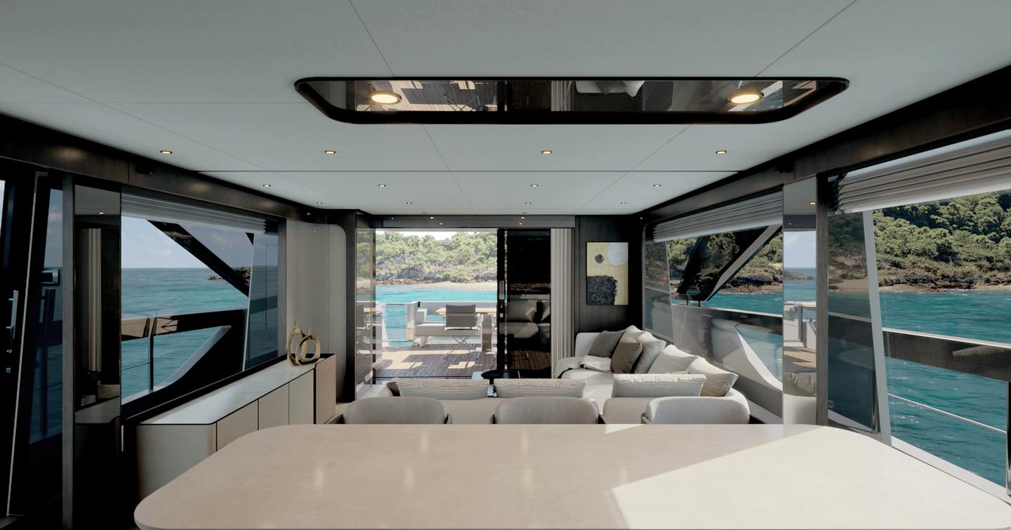 Main saloon on motor yacht Ferretti 800 with sliding glass doors, television and L-shaped sofa 