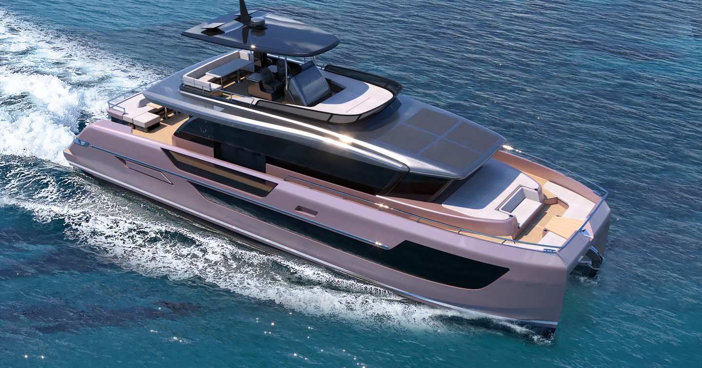 Rendering of Canados Heritage 67 Flybridge catamaran under way 