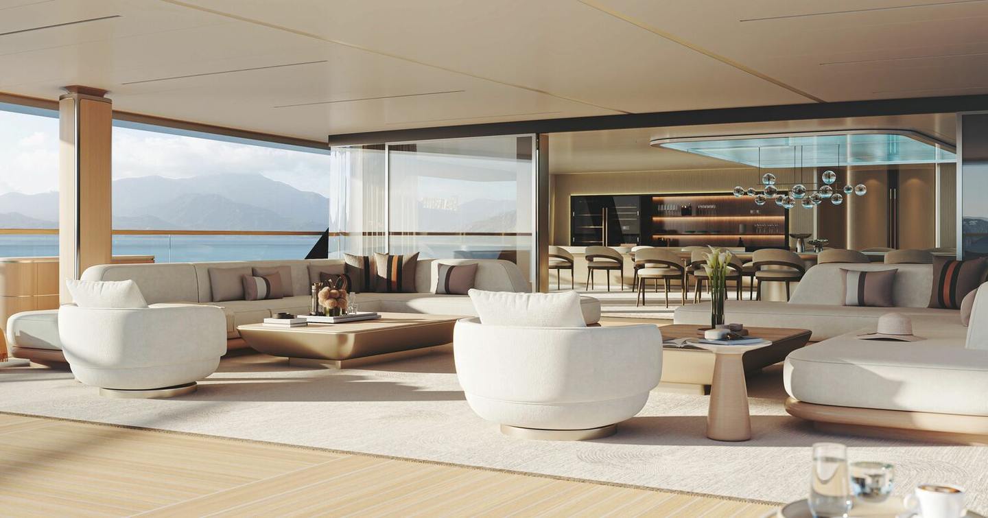 Rendering of Feadship Superyacht Hive aft deck into salon with white curved seating 