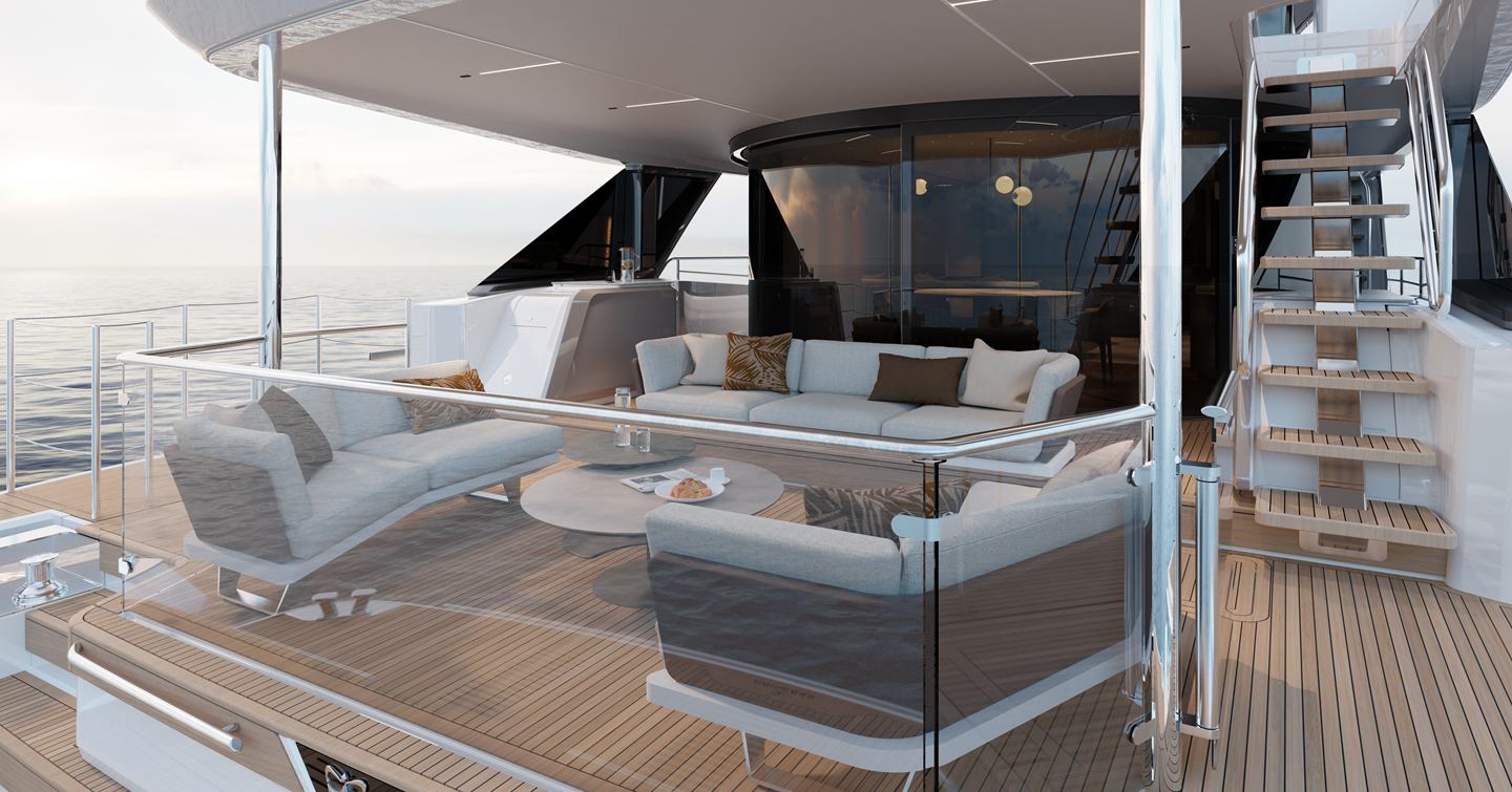 Cockpit on motor yacht X90 with modular furniture, teak flooring and curved balcony doors 