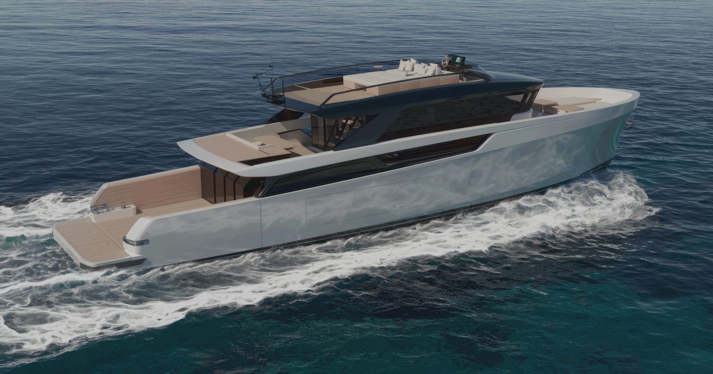 Rendering of Bluegame BGX83 boat under way 