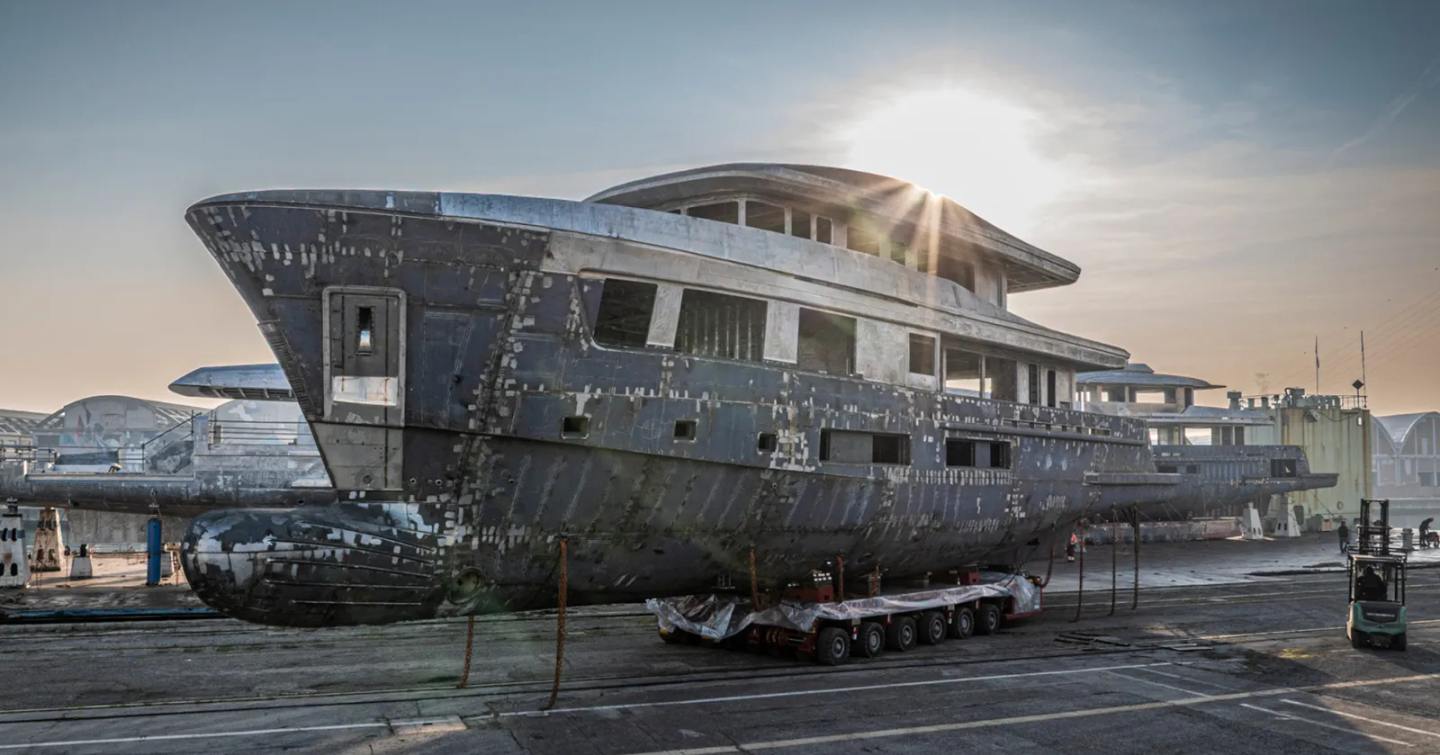 Second Cantiere delle Marche Nauta Air 110 Explorer Yacht Tartaruga under construction and pre-outfitting