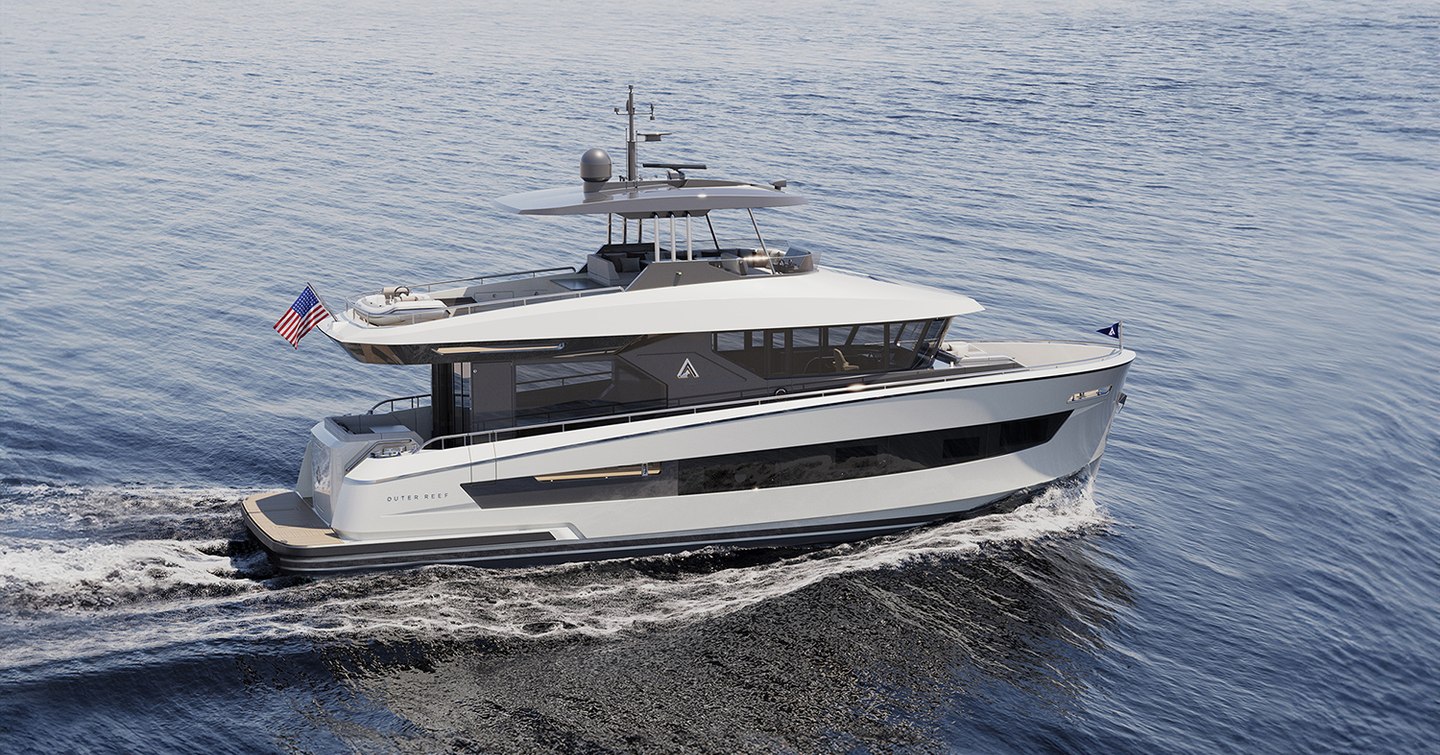 Rendering of Outer Reef 540 Adventure motor yacht under way