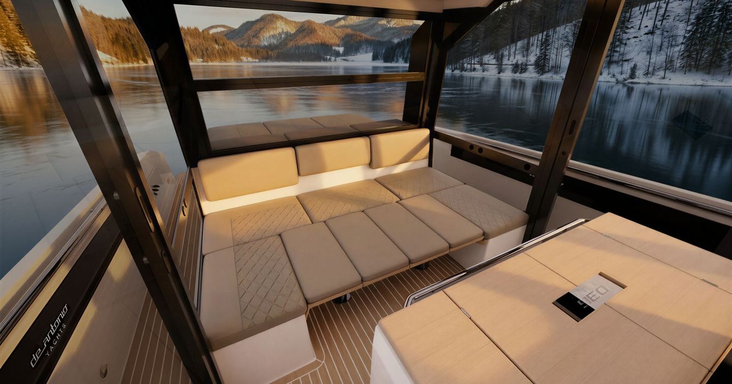De Antonio D36 Cabin Boat enclosed aft beige seating