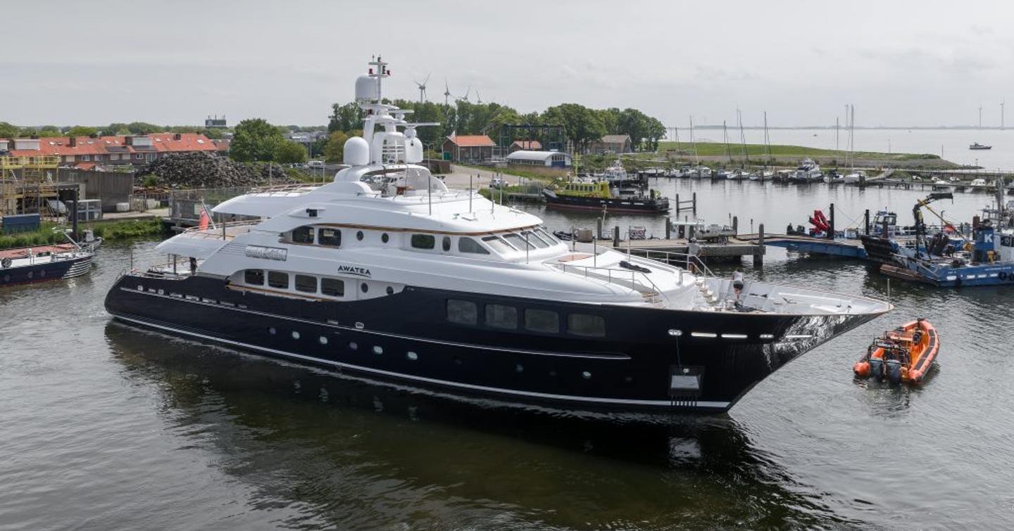 Royal Hakvoort Superyacht Awatea docked after relaunch post-refit