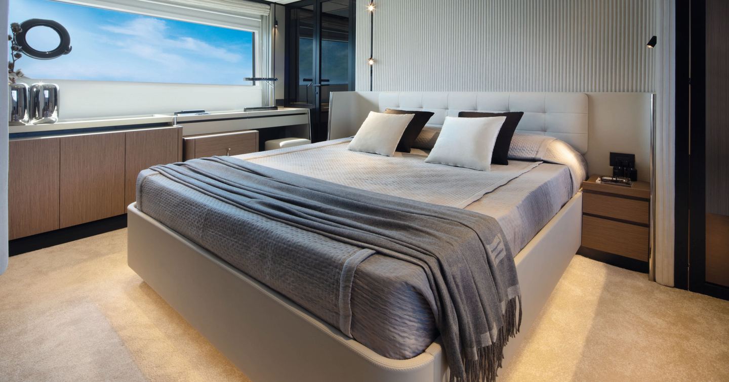 Master cabin of second-generation Ferretti 720 motor yacht 