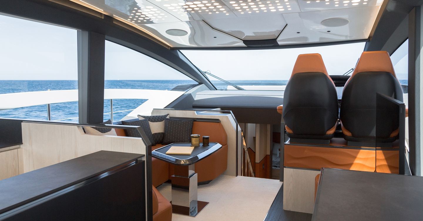 Interior of Astondoa 577 coupe boat with helm station
