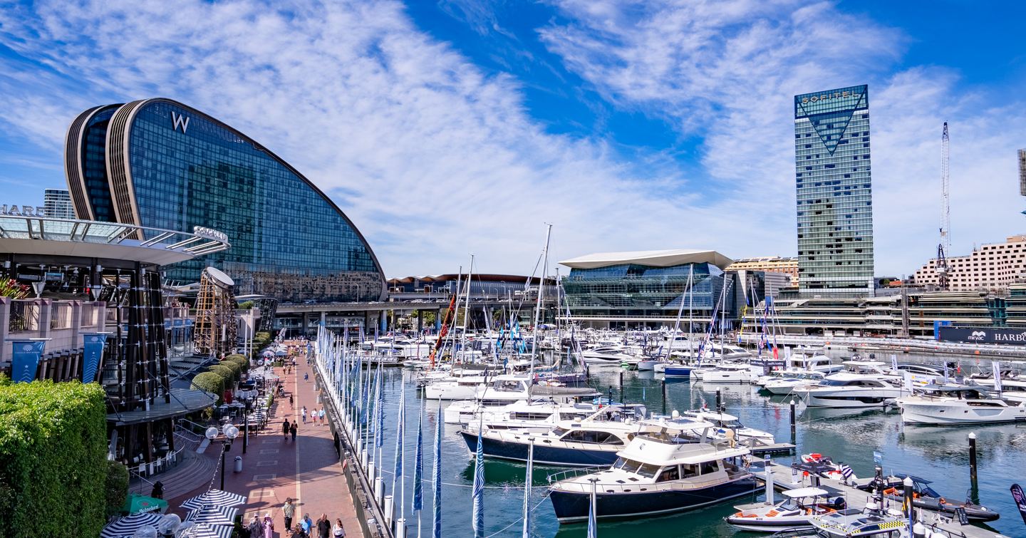 Yachts docked in Darling Harbour at Sydney International On-Water Boat Show