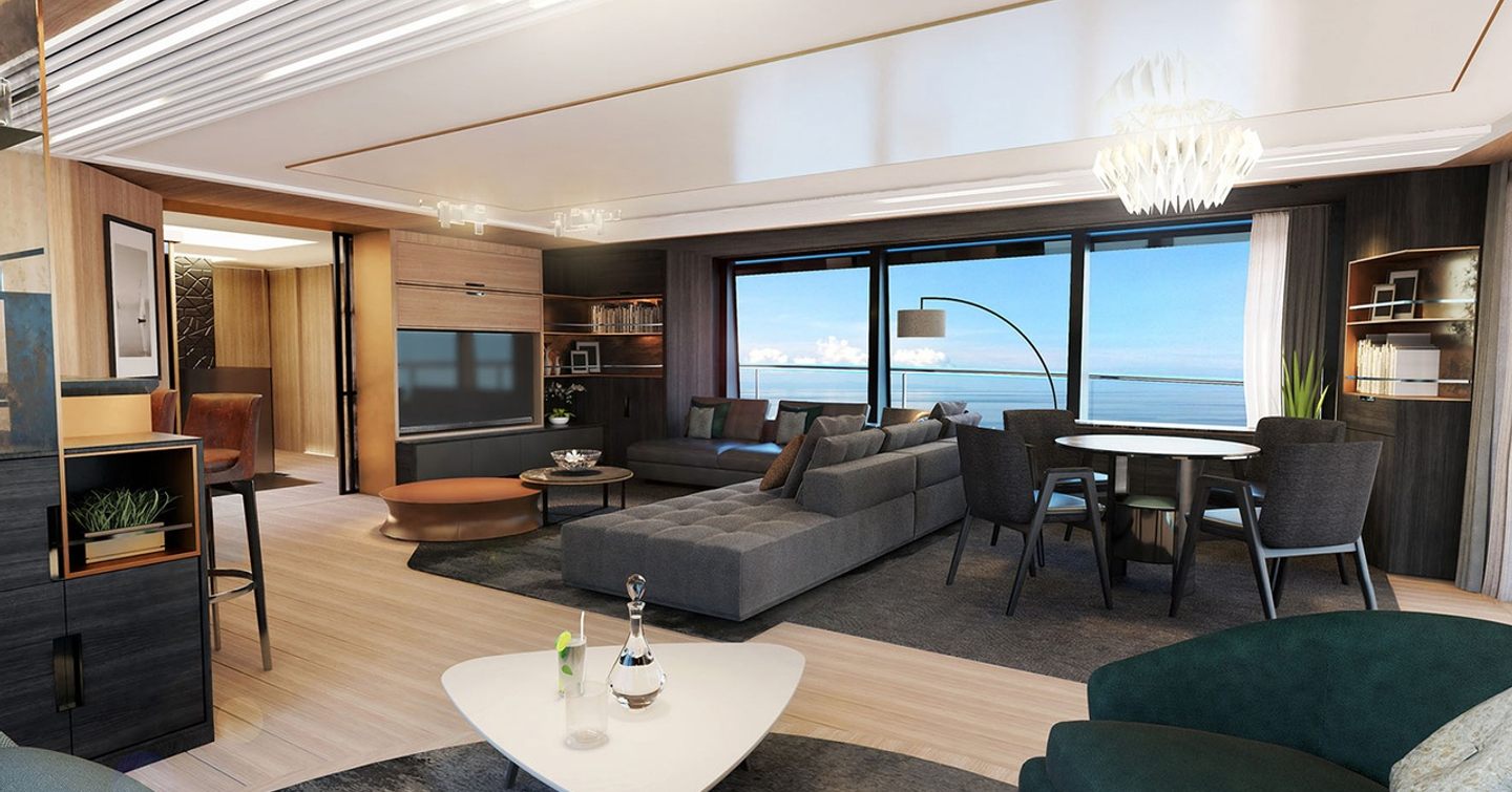 rendering of the skylounge of the Sunseeker 161 yacht with large windows, a grey sofa and TV and light wooden floorboards