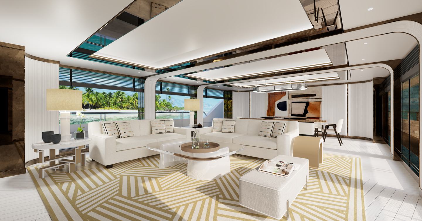 Rendering of Amels 60 Superyacht Project Vogue saloon with white sofa and yellow geometric rug