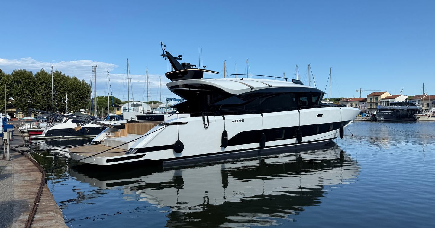 AB Yachts AB 95 superyacht moored in harbour