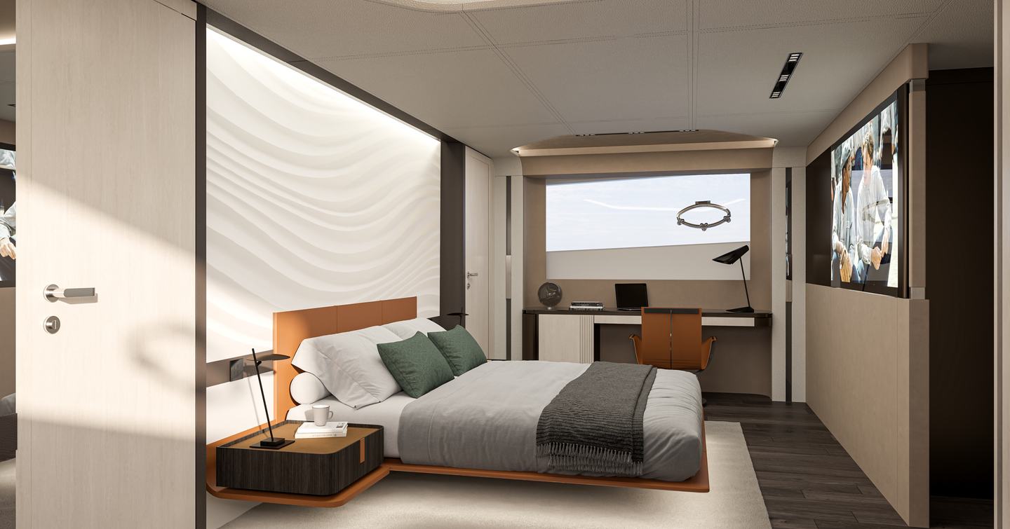 Rendering of ISA Viper 130 motor yacht master cabin 
