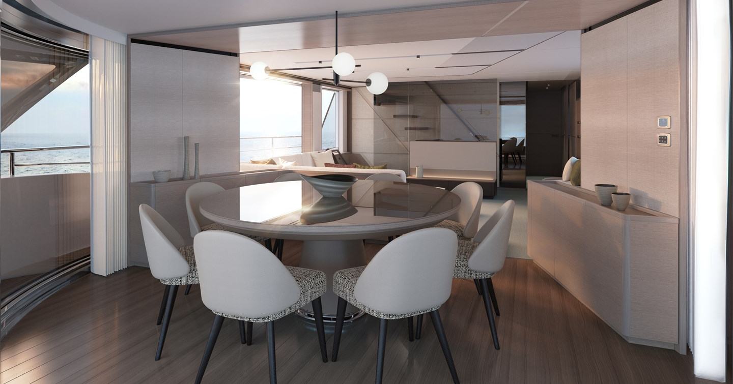Breakfast bar area with round table and seating for seven on board motor yacht X90