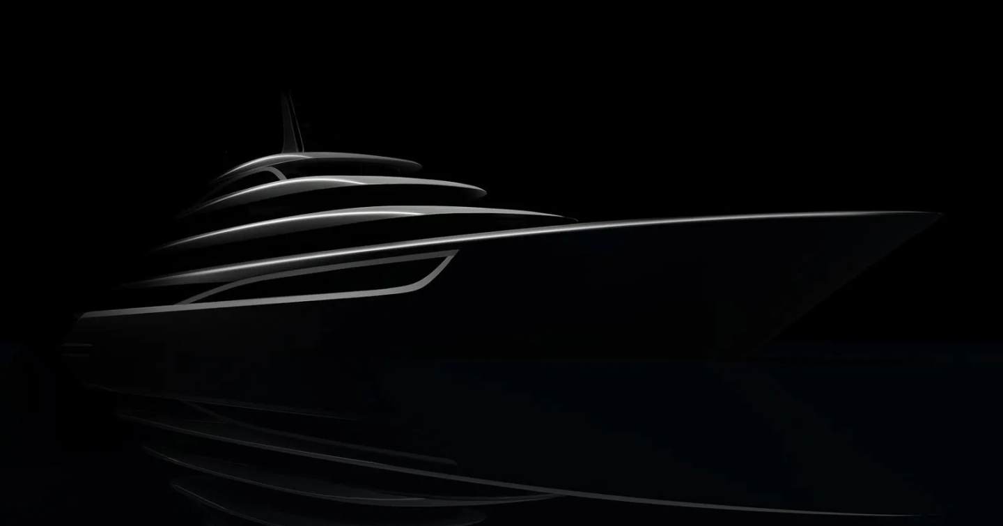 Black and white sketch of superyacht Project Omega