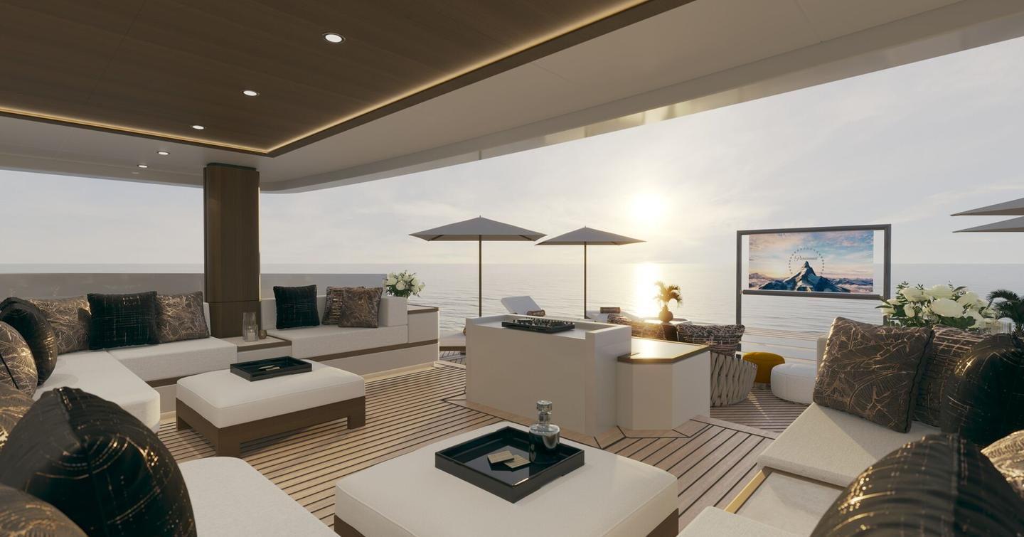 Rendering of Bering 165 explorer yacht sundeck with pop up TV and L-shaped white sofas 