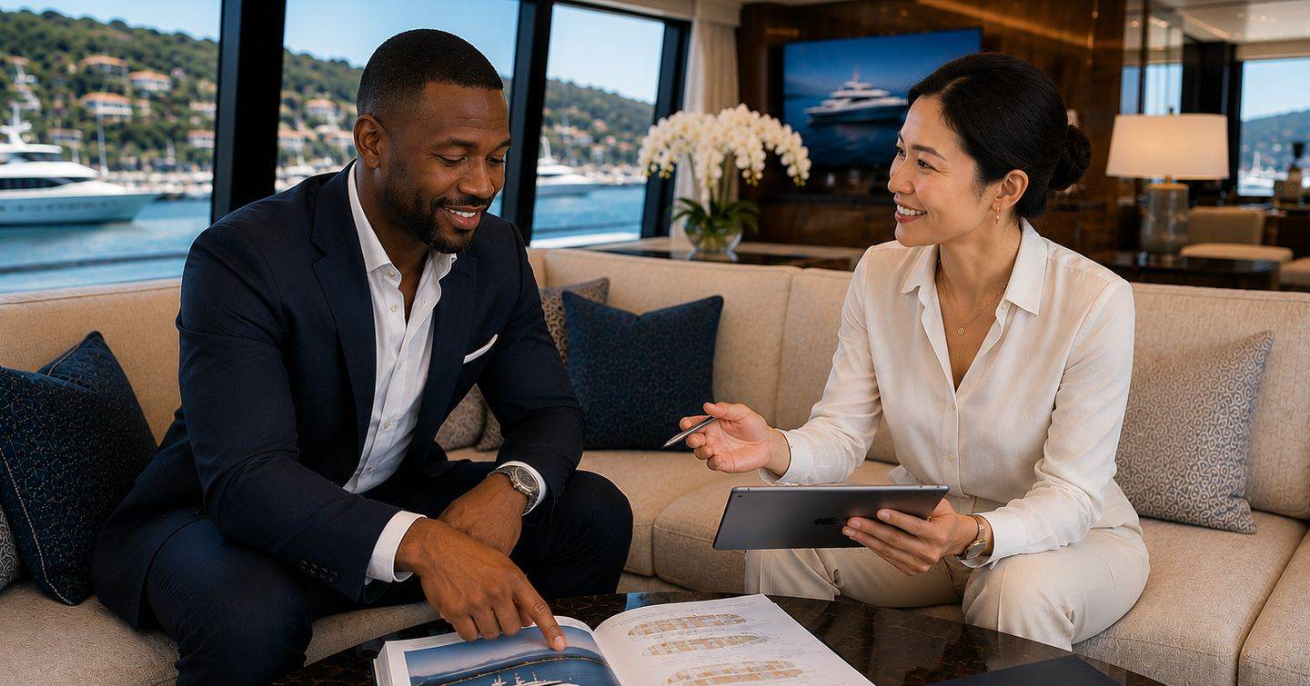 Yacht buyer and broker having a meeting in a saloon 