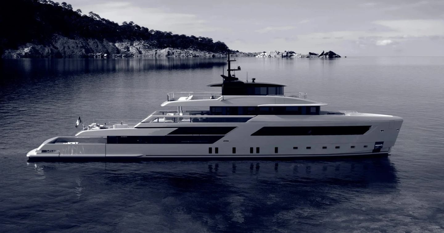 Rendering of sanlorezno 50X-Space  superyacht at anchor 