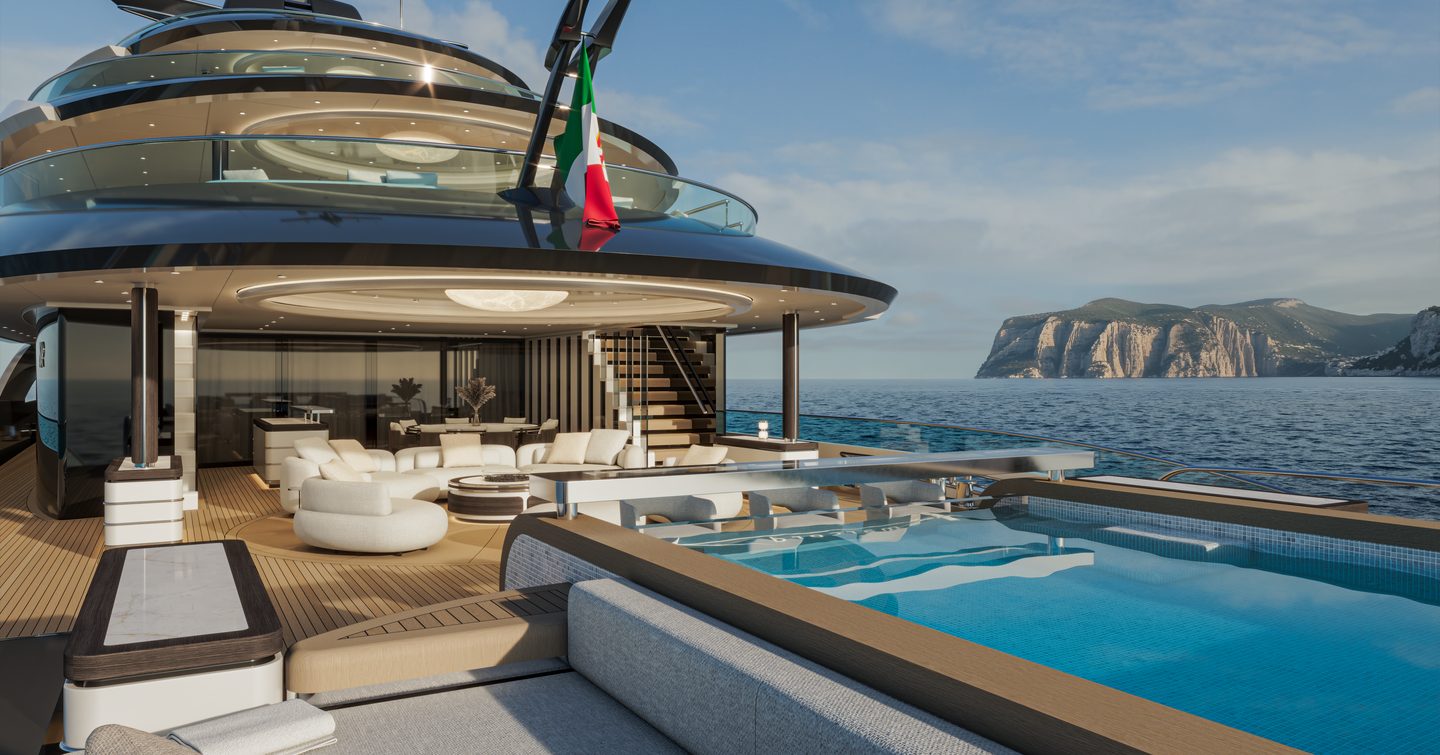 Rendering of ISA Amarcord 86 superyacht aft infinity pool and sunpads