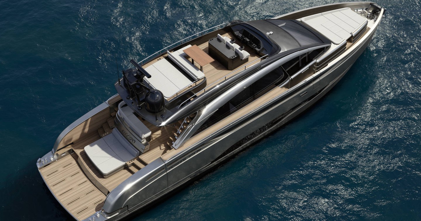 A render looking at the beach club at the stern of the new Pershing GTX70