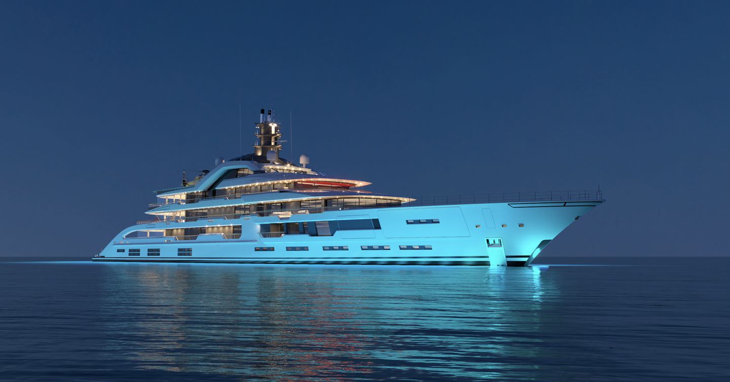 Rendering of Superyacht Project Tanzanite at night with underwater lights 