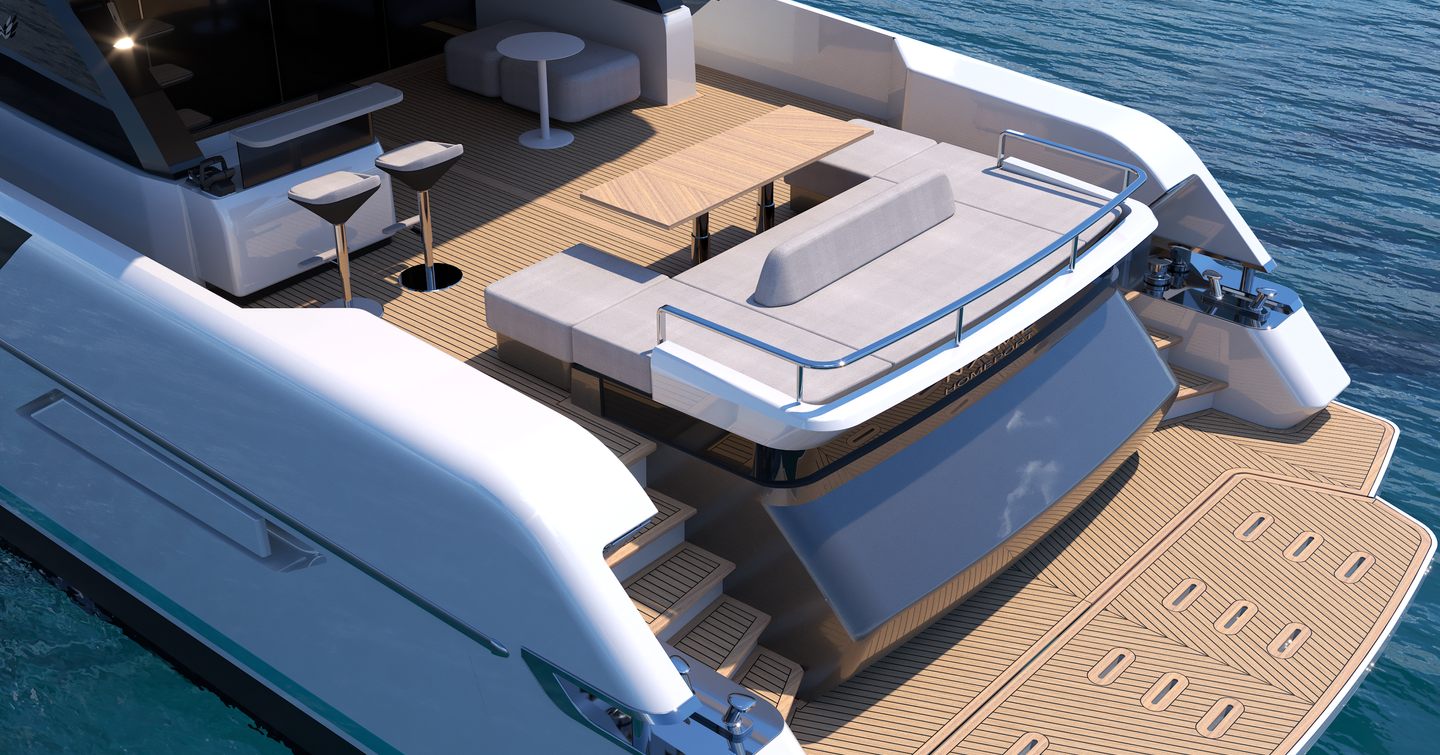 Rendering of Canados Heritage 67 Catamaran aft deck with dual stairs and large grey sunpad 