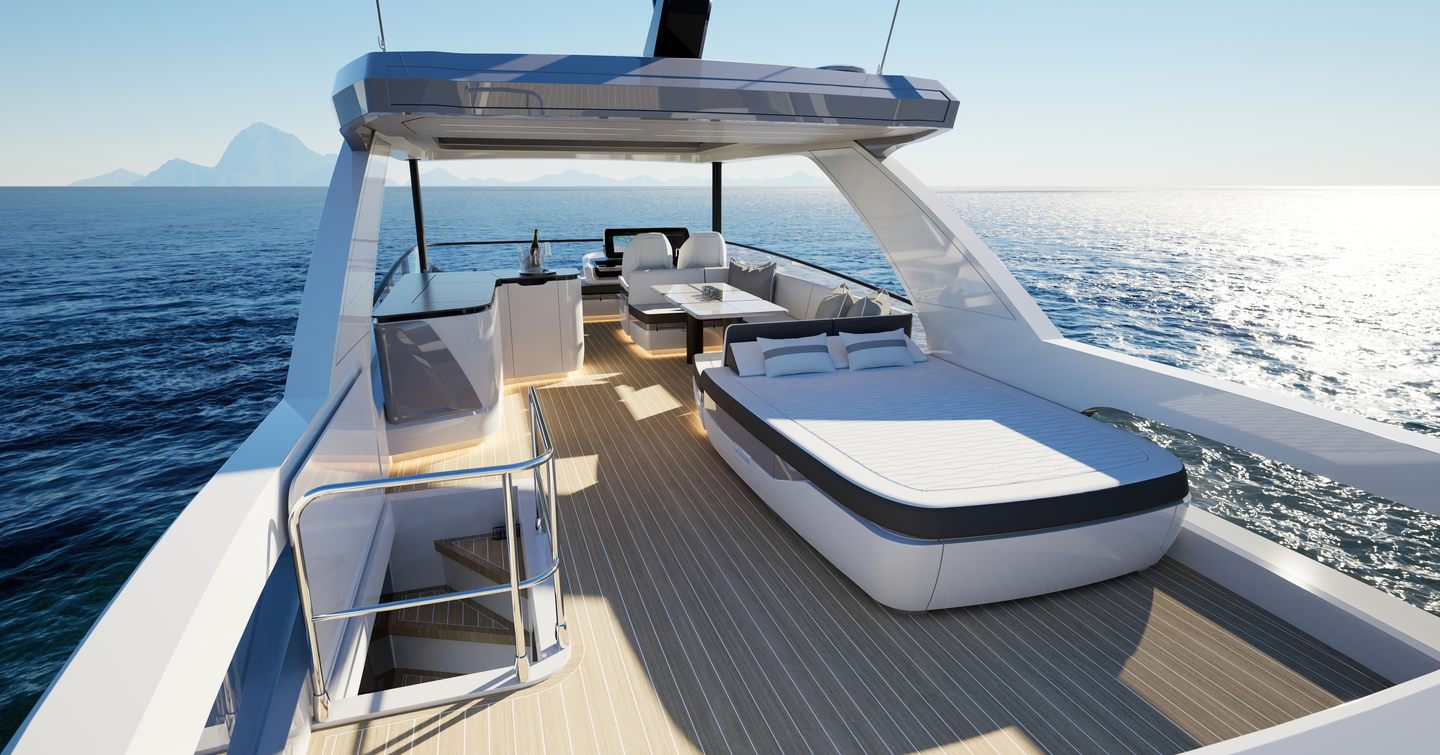 Rendering of Pearl 73 motor yacht flybridge with large white sunpad and alfresco dining