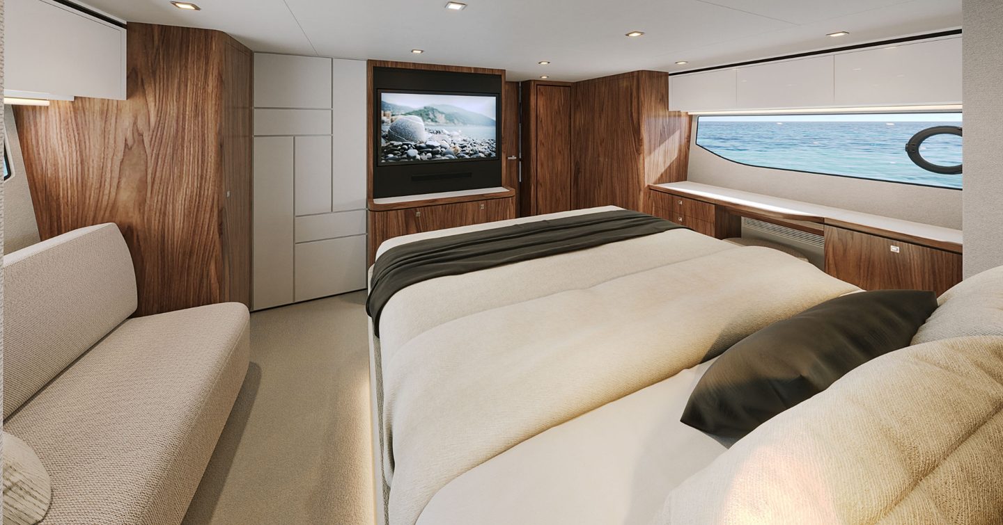Riviera 6200 Sport Yacht Platinum Edition master cabin with TV 