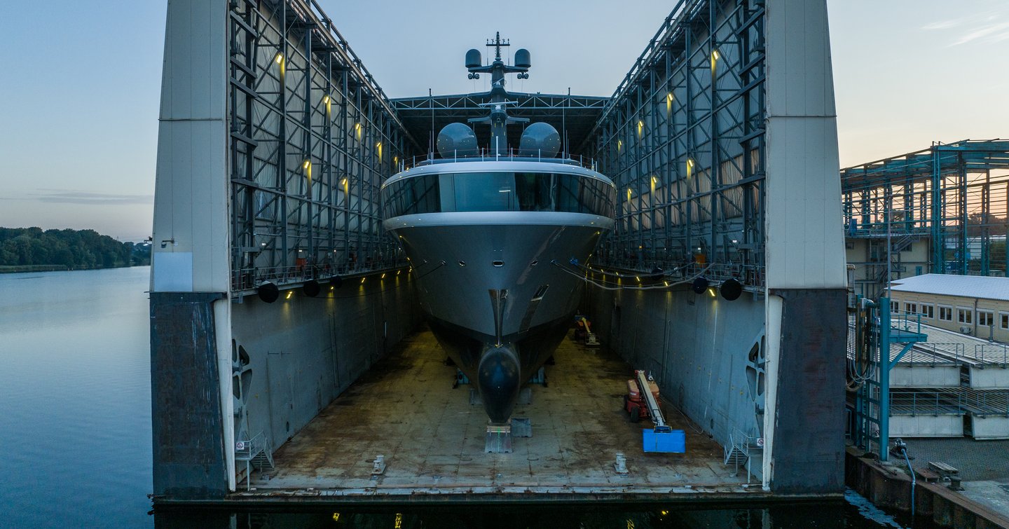 Observation lounge in bow of Superyacht Project Cosmos at Lurssen shipyard 