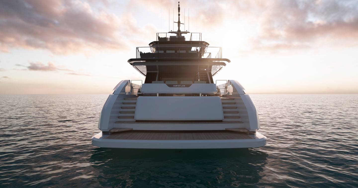 Rendering of the Custom Line Saetta 128' superyacht stern