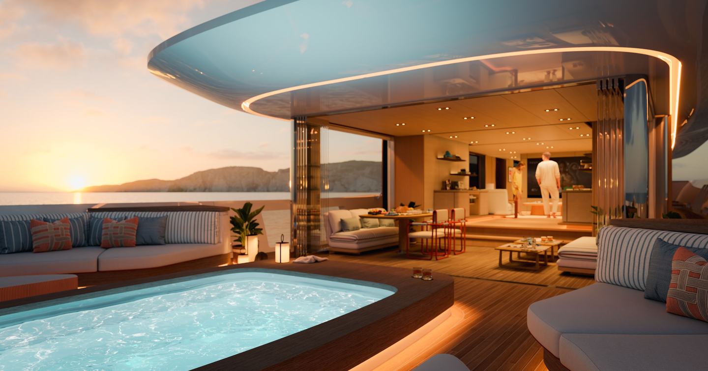Rendering of Benetti B.Neos superyacht aft deck and Sea Atrium with swimming pool